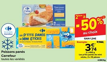 Promoties Les p’tits panés de mini sticks - Huismerk - Carrefour  - Geldig van 27/03/2024 tot 08/04/2024 bij Carrefour
