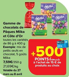 Promotions Mix de petits oeufs en chocolat, 5 goûts milka - Milka - Valide de 27/03/2024 à 08/04/2024 chez Carrefour