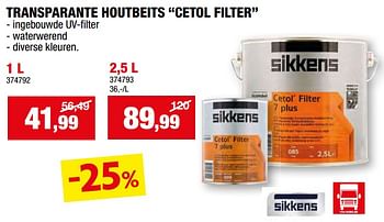 Promotions Transparante houtbeits cetol filter - Sikkens - Valide de 27/03/2024 à 07/04/2024 chez Hubo