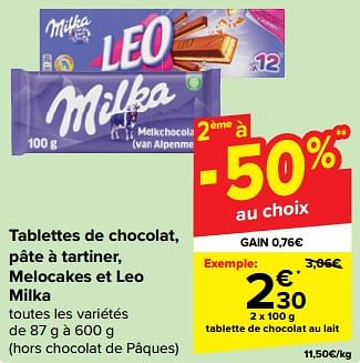 Promoties Tablette de chocolat au lait - Milka - Geldig van 27/03/2024 tot 08/04/2024 bij Carrefour