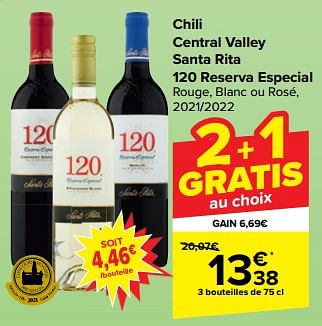 Promoties Chili central valley santa rita 120 reserva especial rouge, blanc ou rosé - Rode wijnen - Geldig van 27/03/2024 tot 08/04/2024 bij Carrefour