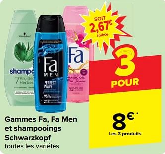 Promotions Gammes fa, fa men et shampooings schwarzkopf - Schwarzkopf - Valide de 27/03/2024 à 08/04/2024 chez Carrefour