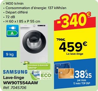 Promotions Samsung lave-linge ww90t554aaw - Samsung - Valide de 27/03/2024 à 08/04/2024 chez Carrefour
