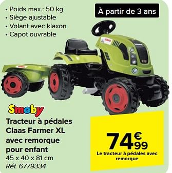 Promoties Tracteur à pédales claas farmer xl avec remorque pour enfant - Smoby - Geldig van 27/03/2024 tot 08/04/2024 bij Carrefour