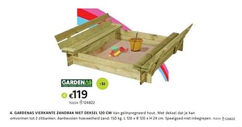 Promoties Gardenas vierkante zandbak met deksel - Gardenas - Geldig van 21/03/2024 tot 07/04/2024 bij Dreamland