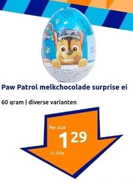 Promoties Paw patrol melkchocolade surprise ei - PAW  PATROL - Geldig van 27/03/2024 tot 02/04/2024 bij Action