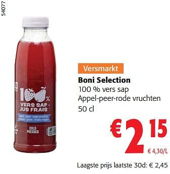 Promoties Boni selection 100 % vers sap appel-peer-rode vruchten - Boni - Geldig van 27/03/2024 tot 09/04/2024 bij Colruyt