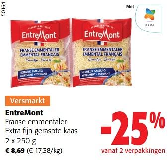 Promoties Entremont franse emmentaler extra fijn geraspte kaas - Entre Mont - Geldig van 27/03/2024 tot 09/04/2024 bij Colruyt