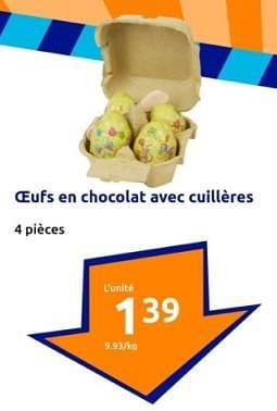 Promotions Ceufs en chocolat avec cuillères - Produit Maison - Action - Valide de 27/03/2024 à 02/04/2024 chez Action