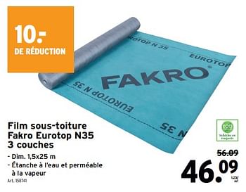 Promoties Film sous-toiture fakro eurotop n35 3 couches - Fakro - Geldig van 27/03/2024 tot 02/04/2024 bij Gamma