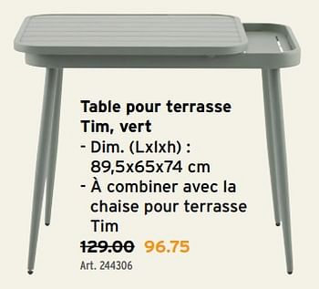 Promoties Table pour terrasse tim, vert - Huismerk - Gamma - Geldig van 27/03/2024 tot 02/04/2024 bij Gamma