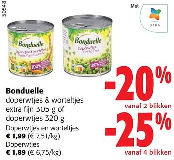 Promoties Bonduelle doperwtjes + worteltjes extra fijn of doperwtjes - Bonduelle - Geldig van 27/03/2024 tot 09/04/2024 bij Colruyt