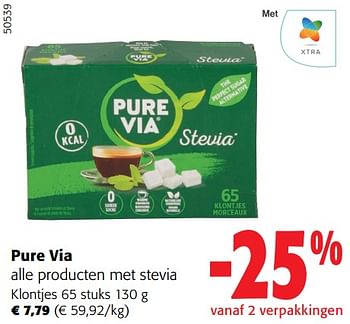 Promoties Pure via alle producten met stevia klontjes - Pure Via - Geldig van 27/03/2024 tot 09/04/2024 bij Colruyt