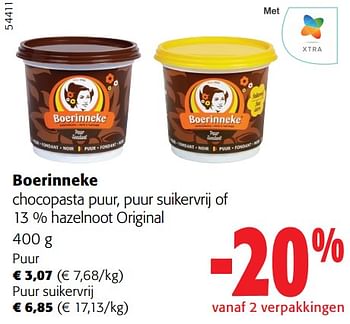 Promoties Boerinneke chocopasta puur, puur suikervrij of 13 % hazelnoot original - 't Boerinneke - Geldig van 27/03/2024 tot 09/04/2024 bij Colruyt