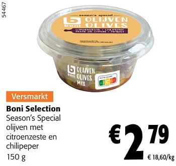 Promoties Boni selection season’s special olijven met citroenzeste en chilipeper - Boni - Geldig van 27/03/2024 tot 09/04/2024 bij Colruyt