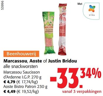 Promoties Marcassou, aoste of justin bridou alle snackworsten - Huismerk - Colruyt - Geldig van 27/03/2024 tot 09/04/2024 bij Colruyt