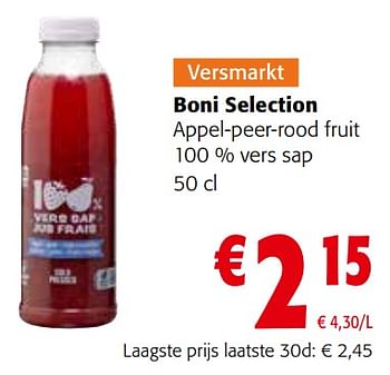 Promoties Boni selection appel-peer-rood fruit 100 % vers sap - Boni - Geldig van 27/03/2024 tot 09/04/2024 bij Colruyt