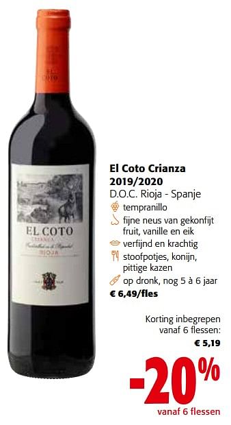 Promoties El coto crianza 2019-2020 - Rode wijnen - Geldig van 27/03/2024 tot 09/04/2024 bij Colruyt