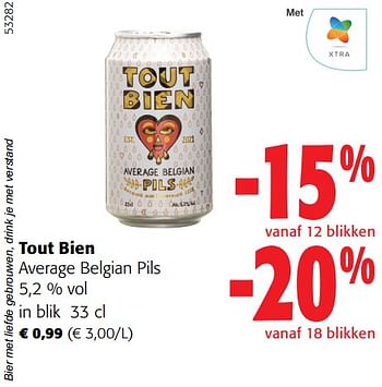 Promoties Tout bien average belgian pils - Tout Bien - Geldig van 27/03/2024 tot 09/04/2024 bij Colruyt