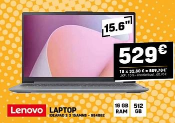 Promoties Lenovo laptop ideapad s 3 15amn8 - Lenovo - Geldig van 27/03/2024 tot 02/04/2024 bij Electro Depot