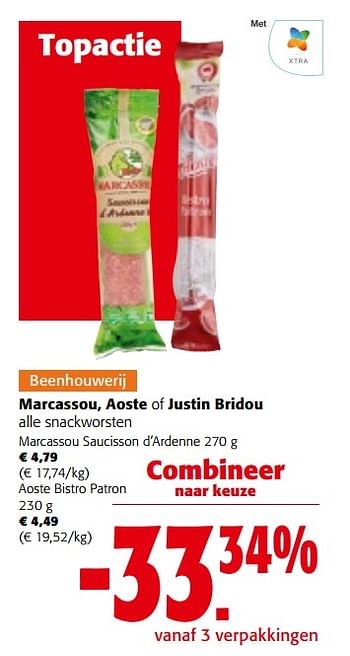 Promoties Marcassou, aoste of justin bridou alle snackworsten - Huismerk - Colruyt - Geldig van 27/03/2024 tot 09/04/2024 bij Colruyt