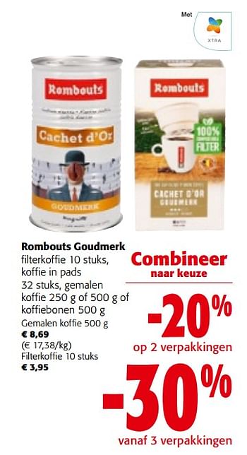 Promoties Rombouts goudmerk filterkoffie koffie in pads, gemalen koffie of koffiebonen - Rombouts - Geldig van 27/03/2024 tot 09/04/2024 bij Colruyt