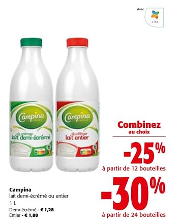 Promotions Campina lait demi-écrémé ou entier - Campina - Valide de 27/03/2024 à 09/04/2024 chez Colruyt
