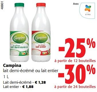 Promotions Campina lait demi-écrémé ou lait entier - Campina - Valide de 27/03/2024 à 09/04/2024 chez Colruyt