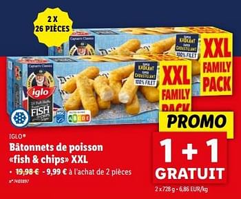 Promotions Bâtonnets de poisson fish + chips xxl - Iglo - Valide de 03/04/2024 à 09/04/2024 chez Lidl