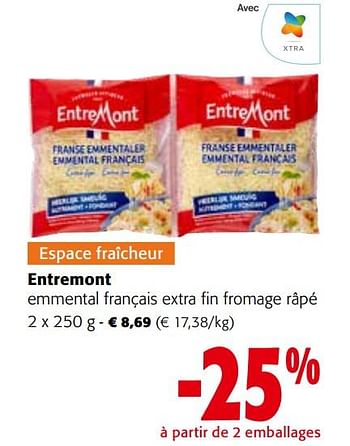 Promotions Entremont emmental français extra fin fromage râpé - Entre Mont - Valide de 27/03/2024 à 09/04/2024 chez Colruyt