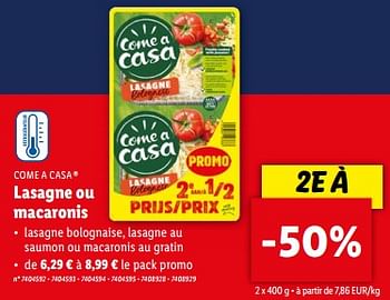 Promotions Lasagne ou macaronis - Come a Casa - Valide de 03/04/2024 à 09/04/2024 chez Lidl