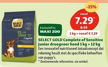 Promoties Select gold complete of sensitive junior droogvoer hond - Select Gold - Geldig van 03/04/2024 tot 08/04/2024 bij Maxi Zoo
