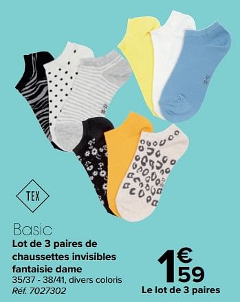 Promotions Lot de 3 paires de chaussettes invisibles fantaisie dame - Tex - Valide de 27/03/2024 à 29/04/2024 chez Carrefour