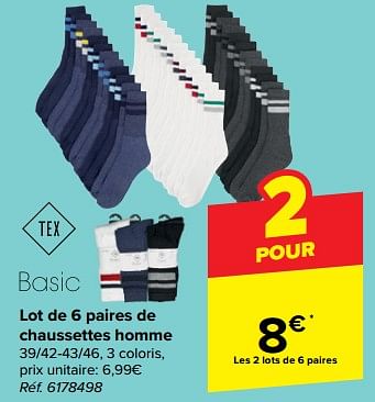 Promoties Lot de 6 paires de chaussettes homme - Tex - Geldig van 27/03/2024 tot 29/04/2024 bij Carrefour