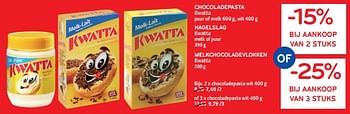 Promoties Chocoladepasta kwatta + hagelslag kwatta + melkchocoladevlokken kwatta -15% bij aankoop van 2 stuks of -25% bij aankoop van 3 stuks - Kwatta - Geldig van 27/03/2024 tot 09/04/2024 bij Alvo