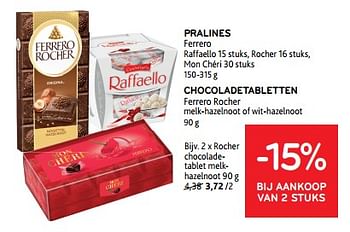 Promoties Pralines ferrero + chocoladetabletten ferrero rocher -15% bij aankoop van 2 stuks - Ferrero - Geldig van 27/03/2024 tot 09/04/2024 bij Alvo