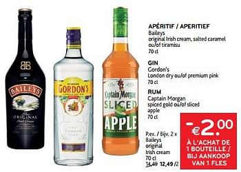 Promotions Apéritif baileys + gin gordon’s + rum captain morgan -€2.00 à l’achat de 1 bouteille - Produit maison - Alvo - Valide de 27/03/2024 à 09/04/2024 chez Alvo