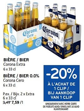 Promotions Bière corona extra + bière 0.0% corona cero -20% à l’achat de 1 clip - Corona - Valide de 27/03/2024 à 09/04/2024 chez Alvo