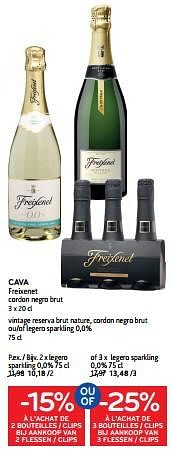 Promotions Cava freixenet -15% à l’achat de 2 bouteilles - clips ou -25% à l’achat de 3 bouteilles - clips - Freixenet - Valide de 27/03/2024 à 09/04/2024 chez Alvo