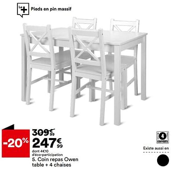 Promotions Coin repas owen table + 4 chaises - Produit Maison - But - Valide de 26/03/2024 à 22/04/2024 chez But