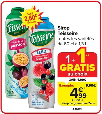 Promotions Sirop de grenadine zero - Teisseire - Valide de 03/04/2024 à 09/04/2024 chez Carrefour