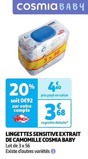 Promoties Lingettes sensitive extrait de camomille cosmia baby - Cosmia - Geldig van 03/04/2024 tot 14/04/2024 bij Auchan
