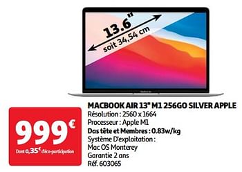 Promotions Macbook air 13`` m1 256go silver apple - Apple - Valide de 03/04/2024 à 16/04/2024 chez Auchan Ronq