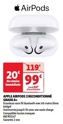 Promoties Apple airpods 2 reconditionné grade a+ - Apple - Geldig van 03/04/2024 tot 16/04/2024 bij Auchan