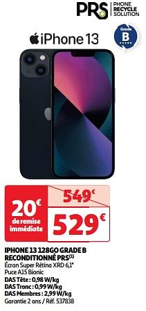Promoties Apple iphone 13 128go grade b reconditionné prs - Apple - Geldig van 03/04/2024 tot 16/04/2024 bij Auchan