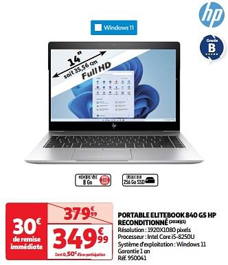 Promoties Portable elitebook 840 g5 hp reconditionné - HP - Geldig van 03/04/2024 tot 16/04/2024 bij Auchan