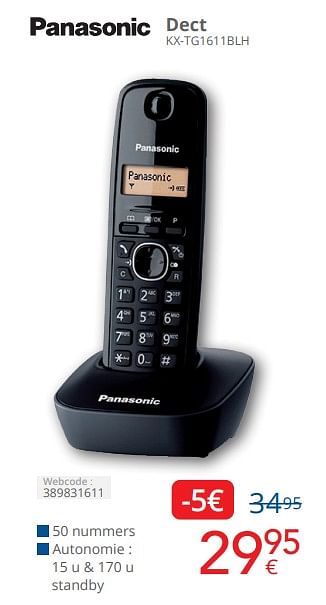 Promotions Panasonic dect kx tg1611blh - Panasonic - Valide de 01/04/2024 à 30/04/2024 chez Eldi