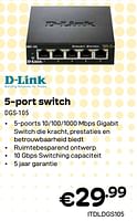 Promoties 5-port switch dgs-105 - D-Link - Geldig van 01/04/2024 tot 30/04/2024 bij Compudeals