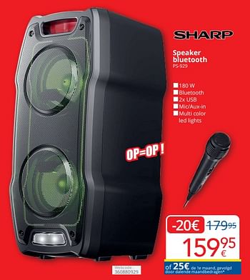 Promoties Sharp speaker bluetooth ps 929 - Sharp - Geldig van 01/04/2024 tot 30/04/2024 bij Eldi