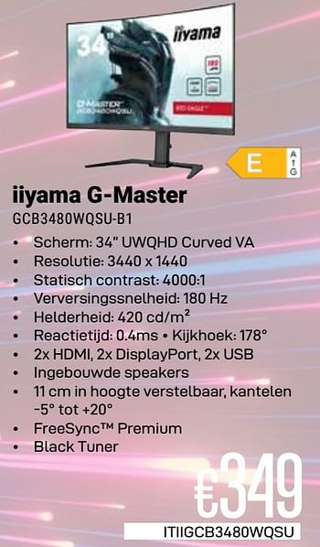 Promoties Iiyama g-master gcb3480wqsu-b1 - Iiyama - Geldig van 01/04/2024 tot 30/04/2024 bij Compudeals